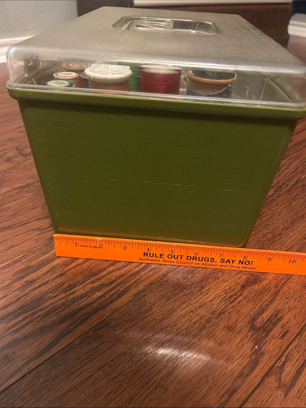 Vgt Olive Green sewing Box with Clear Lid w all contents shown.